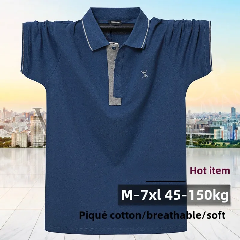 QICHE Men Hong Kong Style Plus Size Polo Shirt 100% Cotton Breathable Short Sleeve Collared Oversized Summer Top For Big Guys