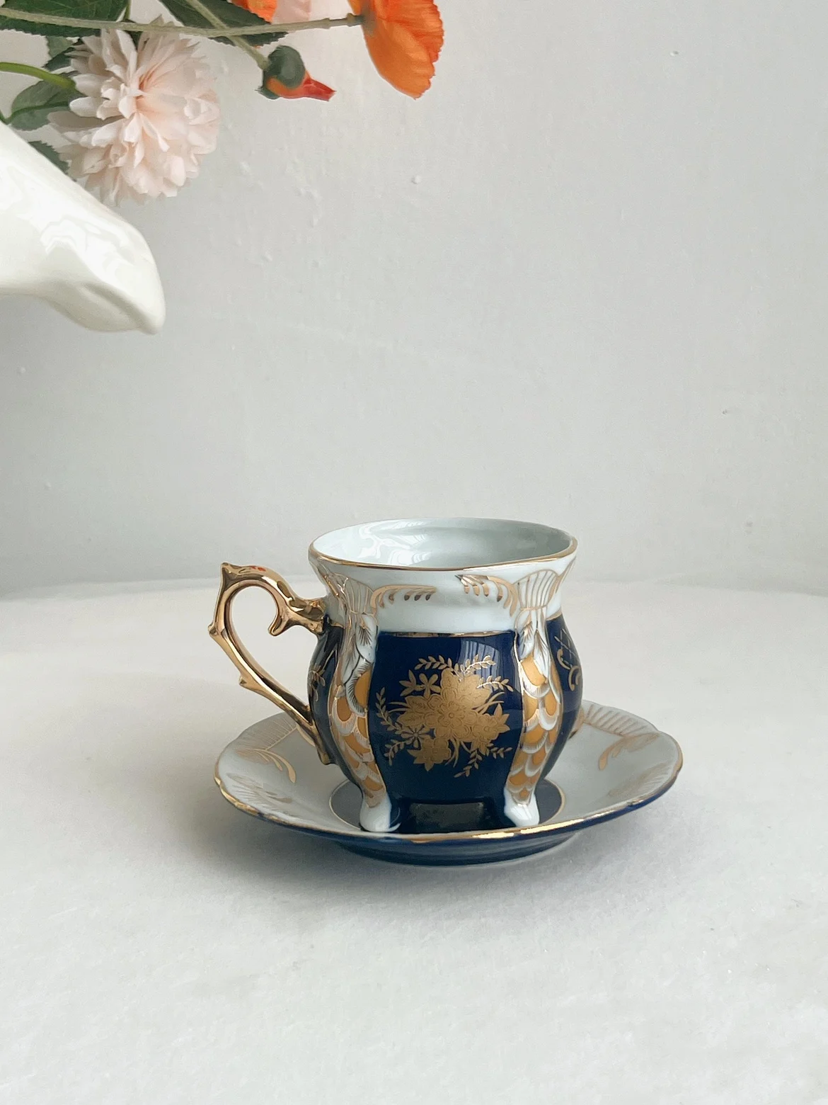 Rare cobalt blue glaze gold flower four legged pot with special design coffee cup, milk cup, plate, tableware set