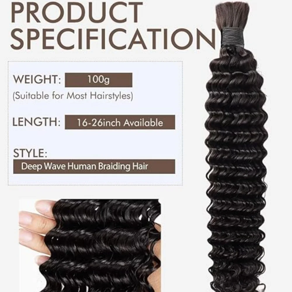 Cabello trenzado humano, cabello humano rizado de onda profunda, 100g, sin trama, extensiones de cabello humano, Micro cabello trenzado humano para trenzas bohemias