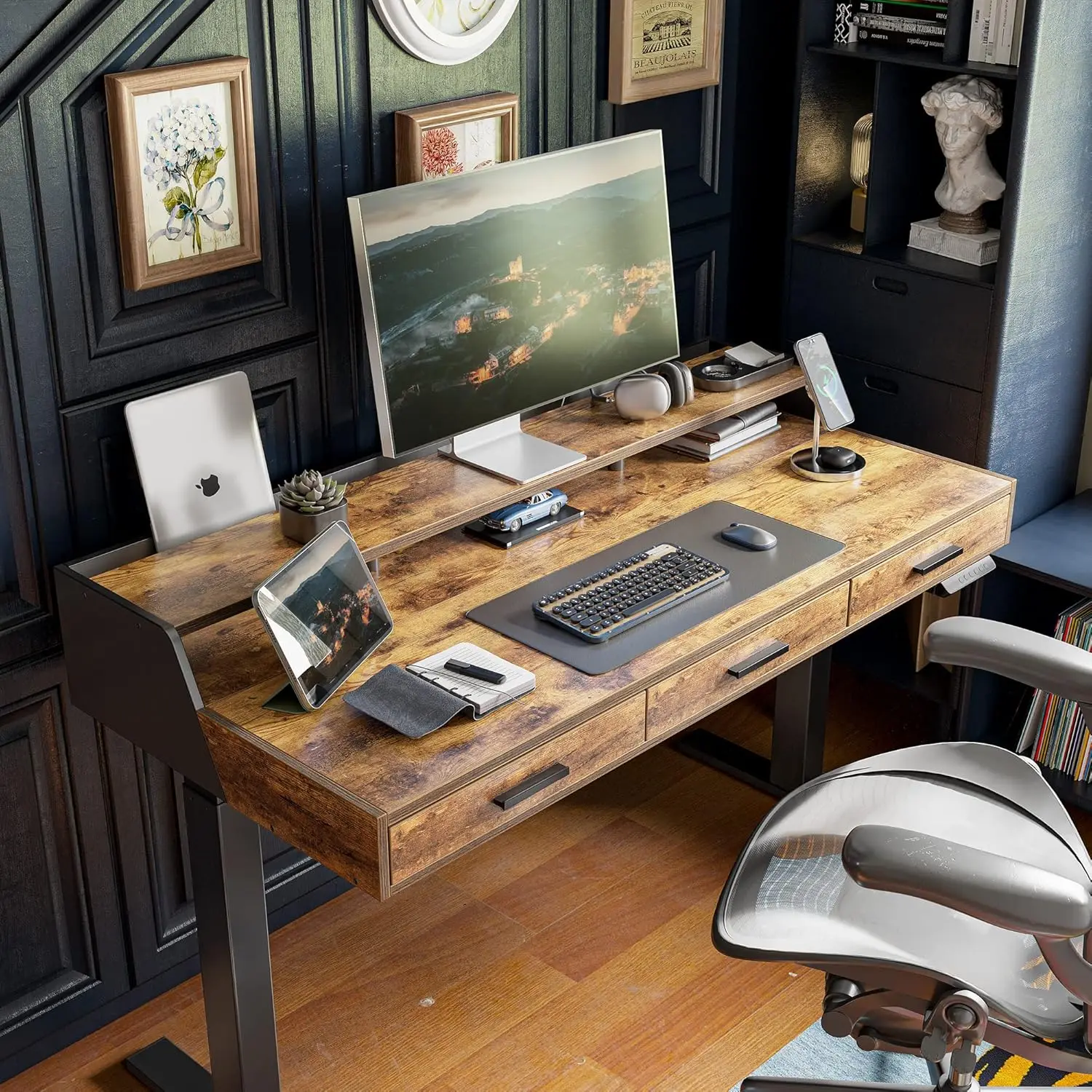 Standing Desk Adjustable Height With Drawers, 48 X 24 Inches Stand Up Desk Electric Memory Computer Desk, Black Frame/Rustic Bro