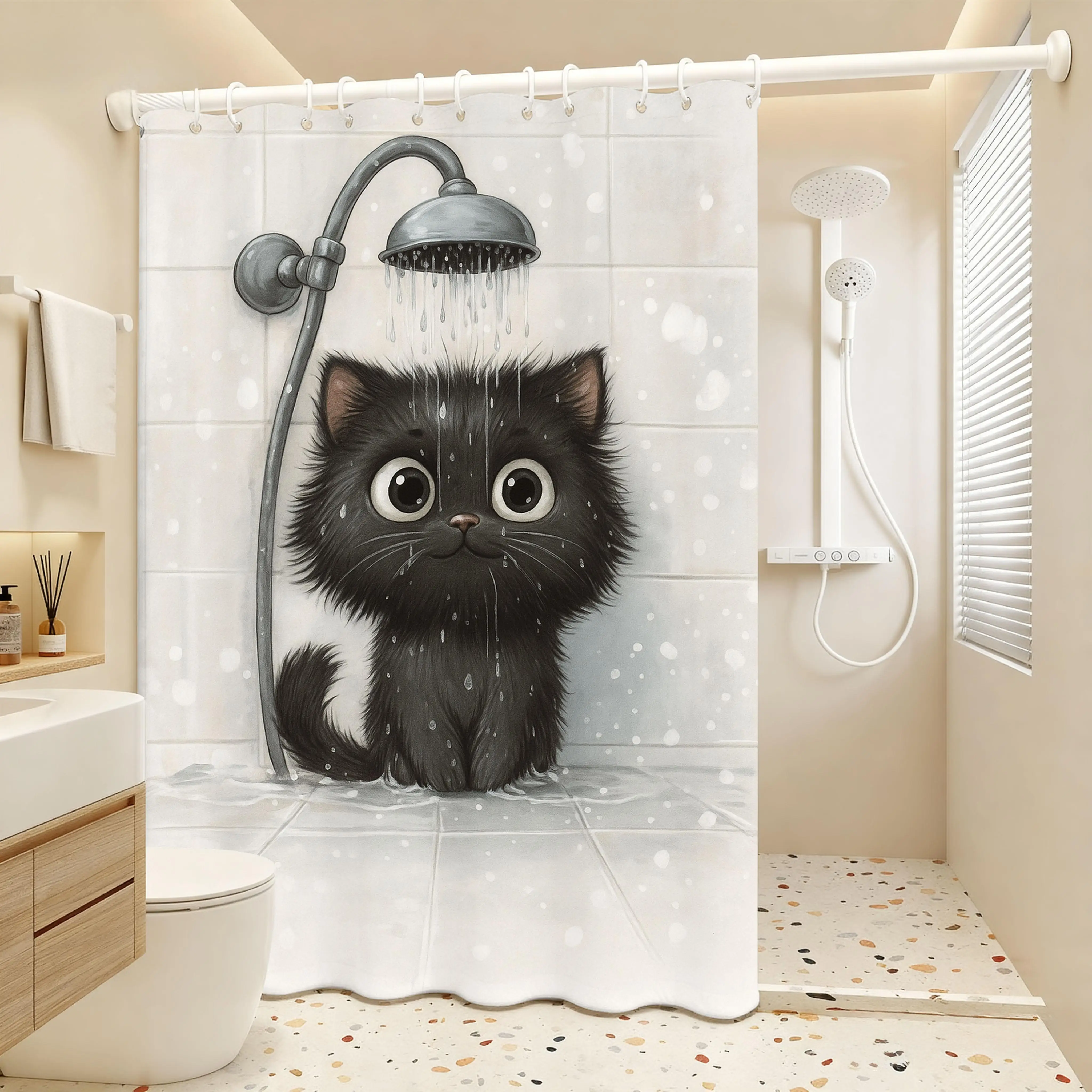 Cute Big Eyes Black Cat Shower Curtain, Watercolor Fluffy Kitten Under Shower Print Waterproof Bath Curtain for Bathroom Decor view 6