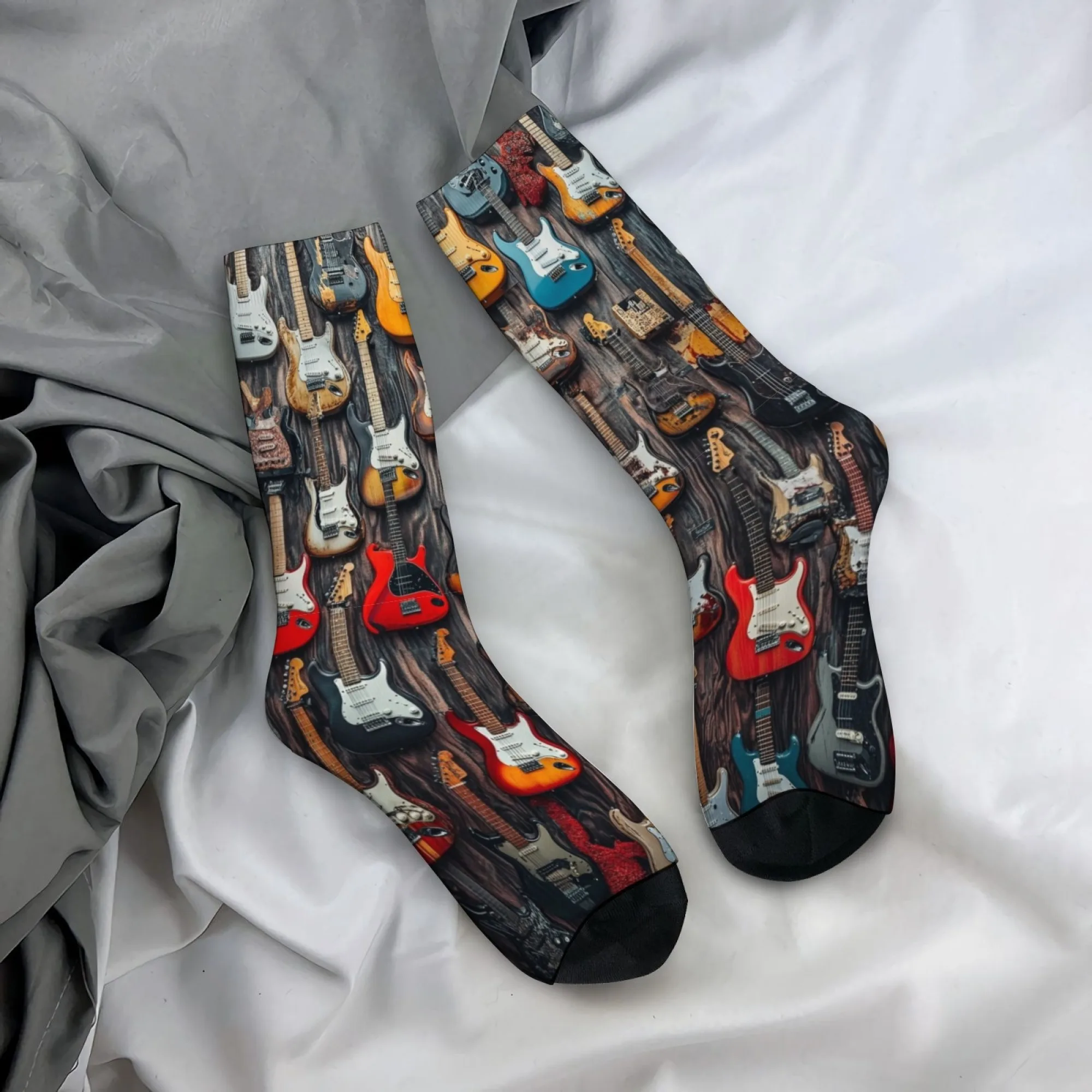 Vintage Rock Electric Guitar Crew Socks, Assorted Guitar Print Socks, Gift for Retro Rock Fans & Music Instrument Enthusiasts