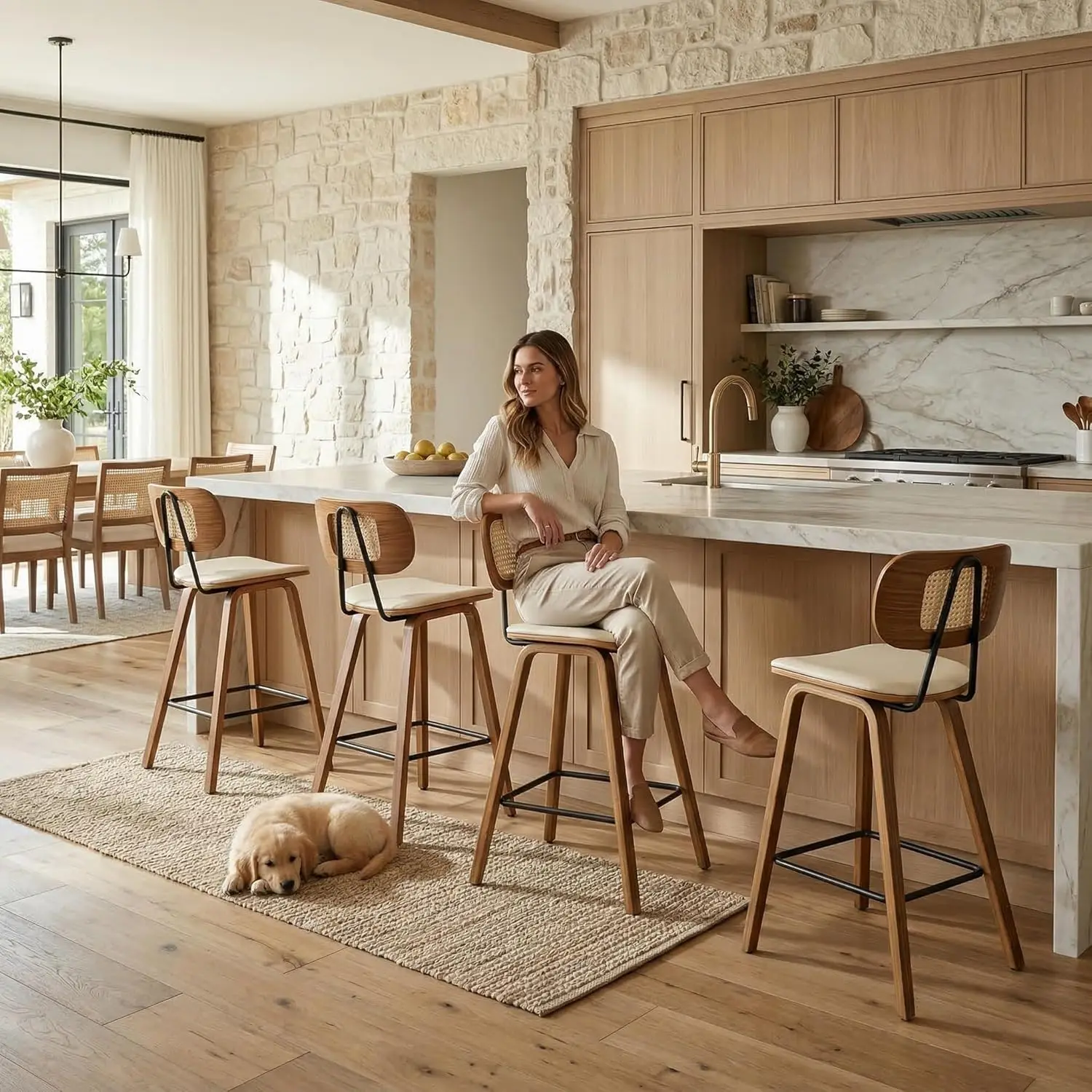 

PU Leather Counter Stools 4pc Cane Backrest Bentwood Legs 26in Seat Height Kitchen Pub Chairs with Footrest, Customized