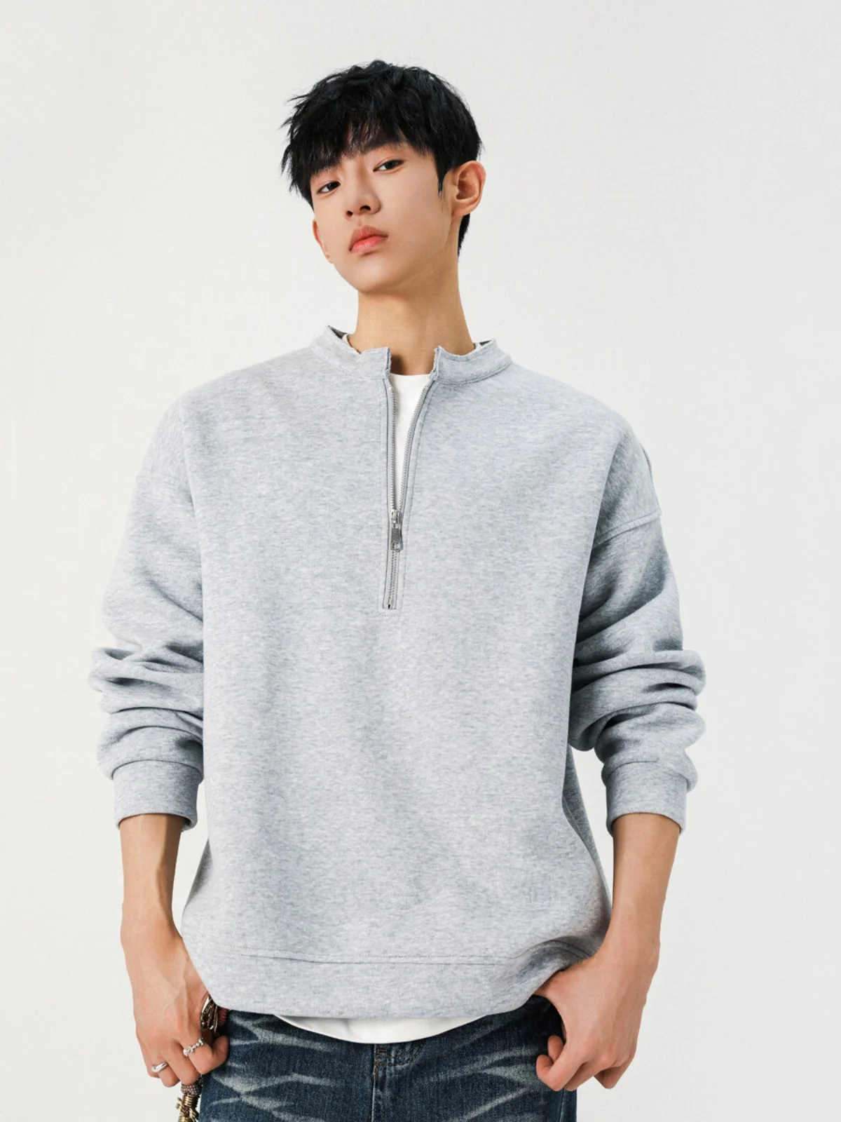 

Мужская толстовка Cleanfit с воротником Генри на молнии до середины груди, с длинным рукавом, весна-осень, серая, свободный крой, молодежная, модная, из хлопка и полиэстера