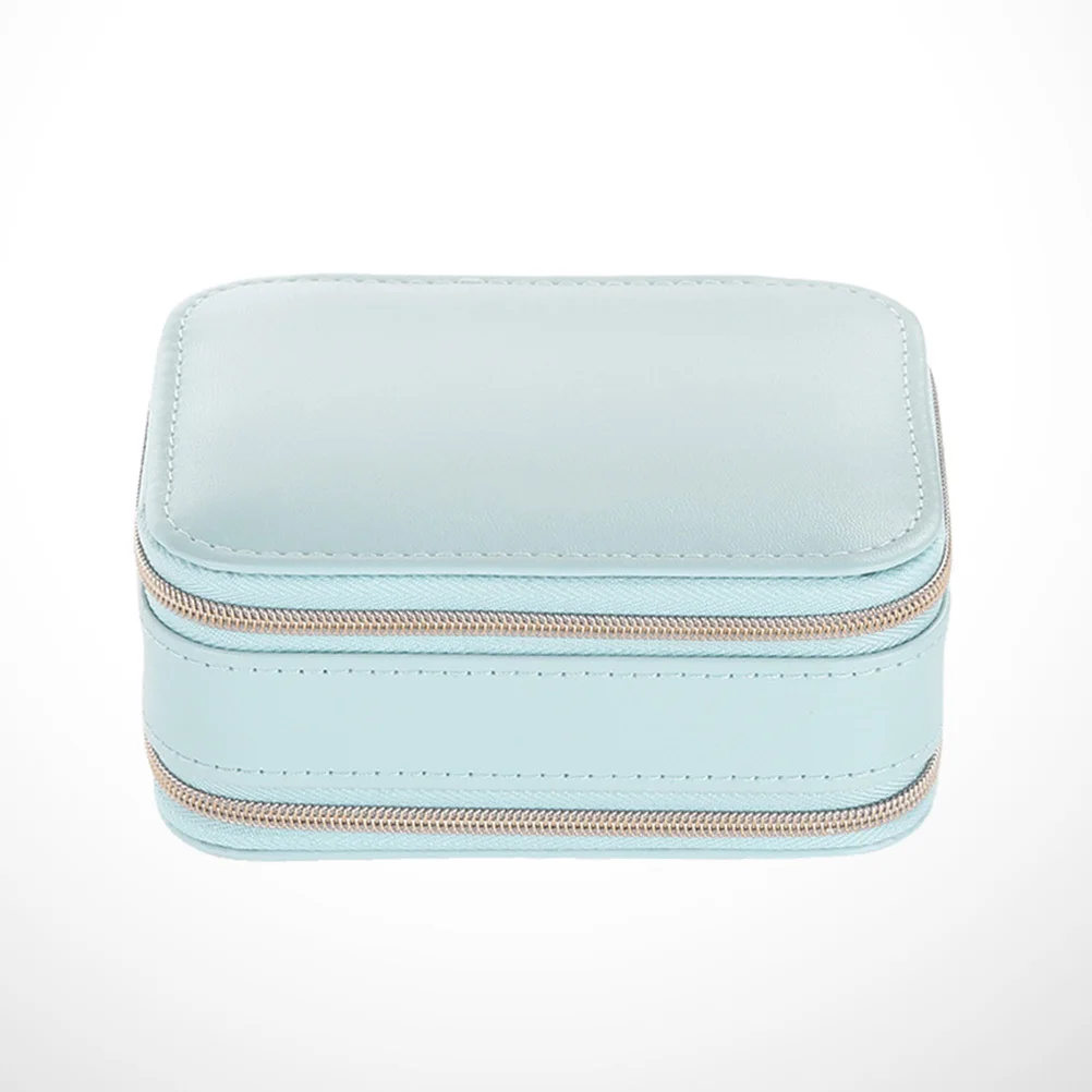 

PU Jewelry Box Portable Light Blue Compact Zippered Storage Case Built-in Mirror for Women Travel Gift