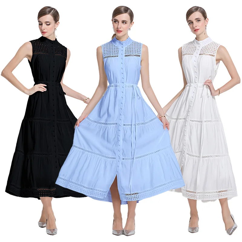 Francuska Sukienka Vintage Elegancka Bez Rękawów Wycięta Haftowana Koronkowa Sukienka Wakacyjna Damska Letnia Jednorzędowa Długa Sukienka Vestidos