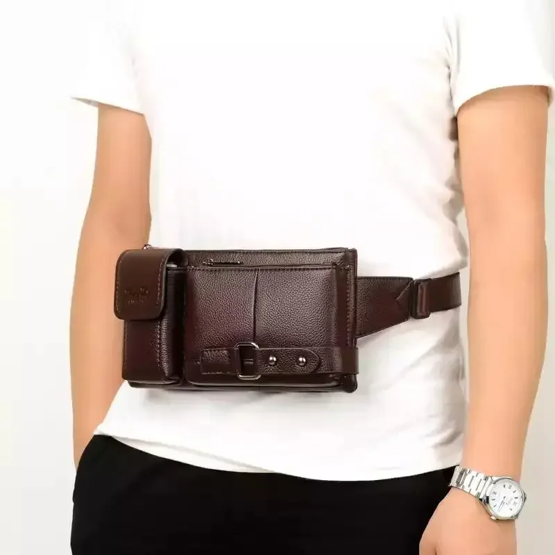 Fashion Men PU Leather Waist Bag Multi-pocket and Multiple Zipper Shoulder Bag Outdoor Sports Shopping Phone Messenger Bag