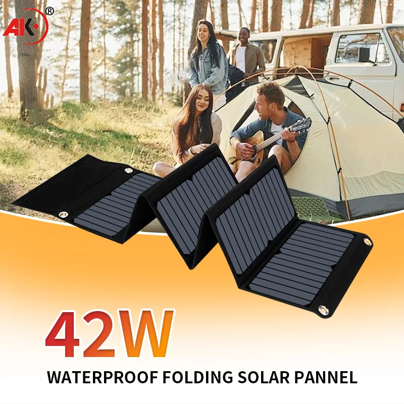 AK 6-fold 42W Foldable solar panel 42w/h portable solar panels charger USB 5V DC Full time power solar panel mobile power supply