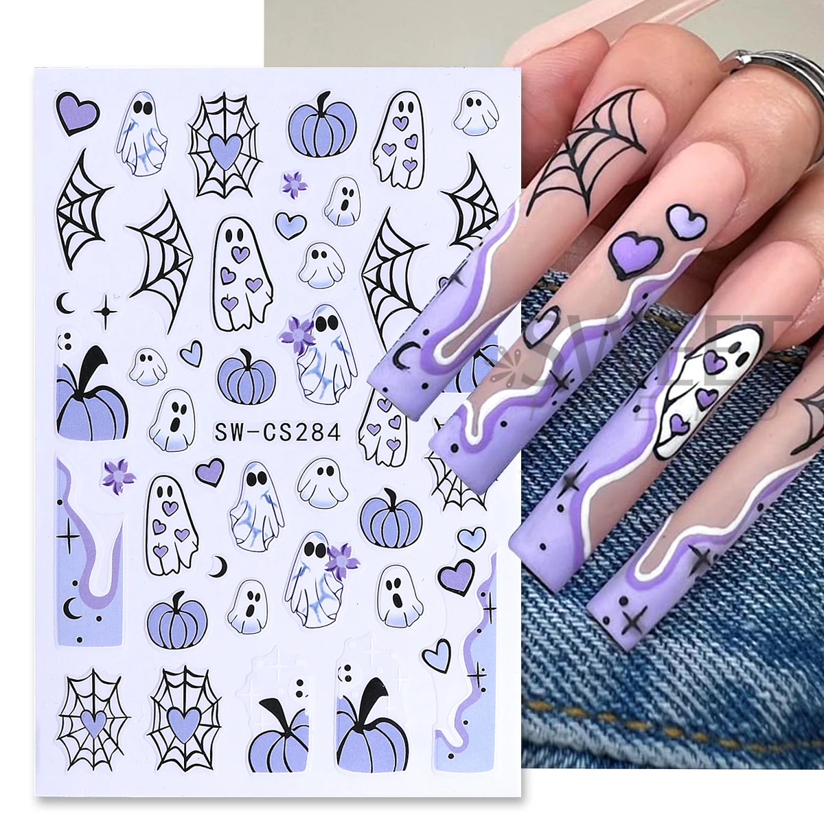 6pcs Cartton Halloween Series Nail Art Stickers Spooky Pumpkin Spider Web Fire French Element DIY Adhesive Decals Manicure Decor