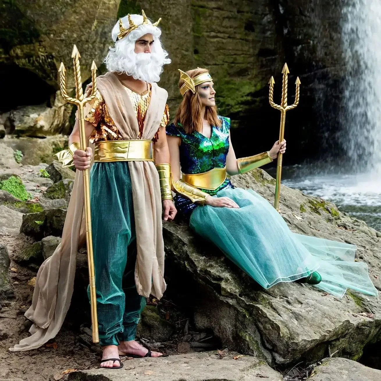 Mermaid Princess Dress Sexy Deluxe Couple Women Men Neptune Poseidon Cosplay Costume Adult Men King Ptolemaic Sea Siren