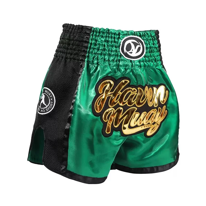 Satin Embroidered Muay Thai Shorts High Cut Kickboxing Fight Shorts Men Women Kids Martial Arts Boxing Training Sparring Wear