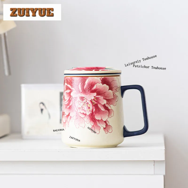 400ml Underglaze Colour Red Peony Filter Tea Separator Cup Antique Tea Mug With Infuser Tea Soaking Office Water Cup Ornaments
