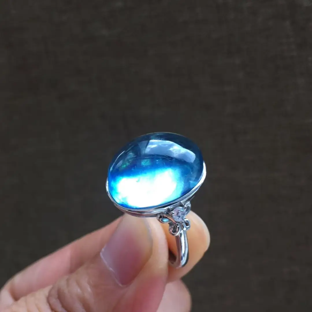 

Certificated 925 Silver Natural Aquamarine Ring Cabochon Blue Topaz Finger Band Handmade 14K Gold Filled Filigree Oval Jewelry
