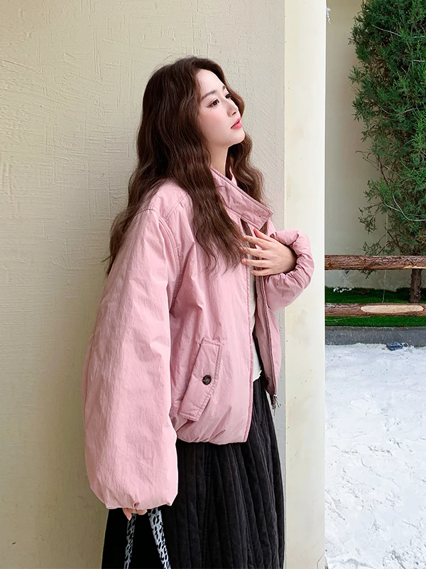 

Pink ort Puffer Jaet Women's Winter Warm Thiened Stand Collar Cotton down Coat Korean Sle Loose Fit Long Sve Zipper