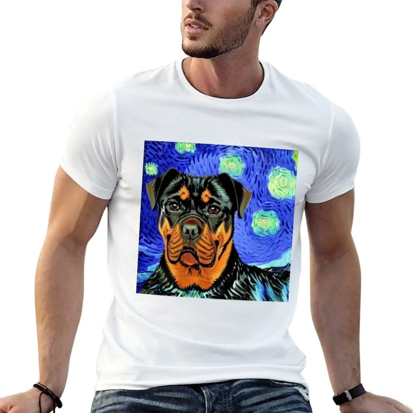 Van Gogh Style Painting of a Rottweiler T-Shirt affliction shirts animal prinfor boys mens t shirts top quality