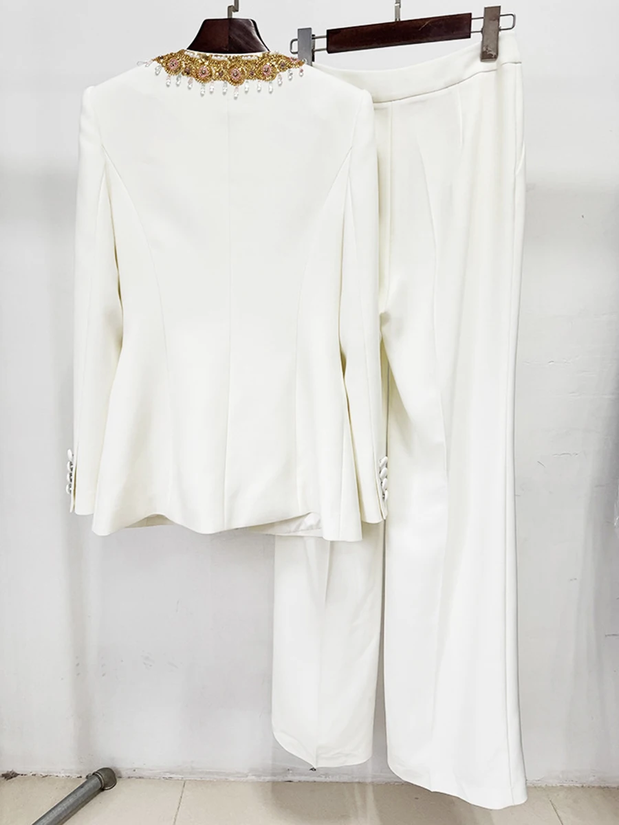 VGH 우아한 럭셔리 솔리드 스플라이스 다이아몬드 투피스 세트 여성용 딥 V넥 긴팔 탑 하이웨이스트 팬츠 시크 세트 여성용