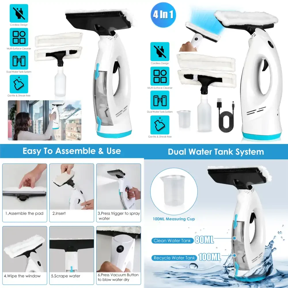 

4-in-1 Cordless Window Vacuum Cleaner Rechargeable Glass Tile and Mirror Cleaning Tool with Dual Water Tanks and