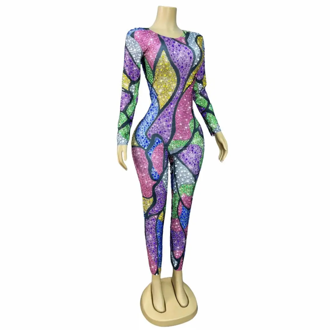 

Qianbaise Y2K Colored Rhinestone Jumpsuit Sexy See Through Mesh Leggings Bar Dancer Performance Costumes Themed Party Dresses