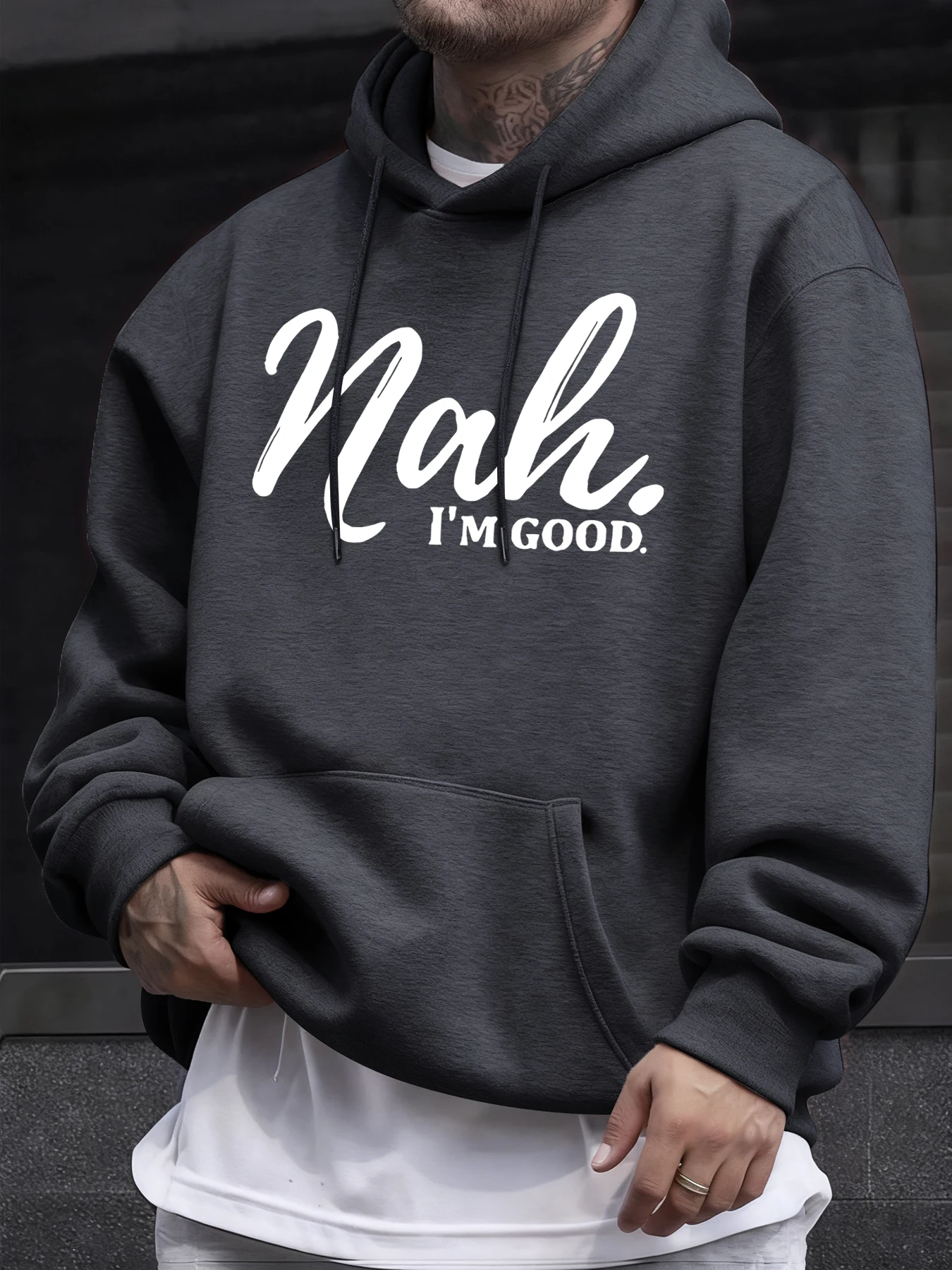 

Мужская повседневная толстовка с принтом "Nah I'M Good" на распродаже: мягкая базовая толстовка из флиса, удобная одежда в стиле хип-хоп, классический топ