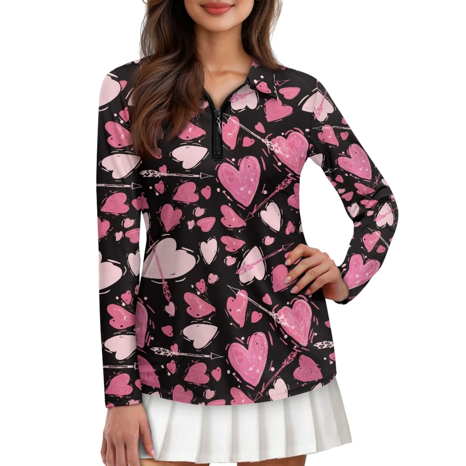 PENSTROLL Heart Arrow Womens Comfortable Golf Tops Long Sleeve Zip Polo Tennis Top for Gym