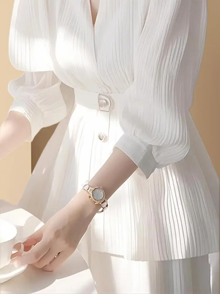 Ele Camicetta da donna irt primavera estate in chiffon a maniche lunghe che impinge la vita da pendolarismo Sle Slim Fit rotonda Ne lunghezza midi
