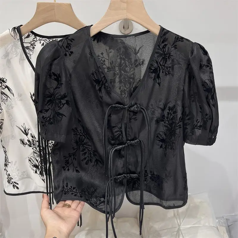 Shirts Women Temper Vintage Crop Tops Printing Chinese Style Casual Summer Elegant Fashion Clothing Streetwear Puff Sleeve Chic