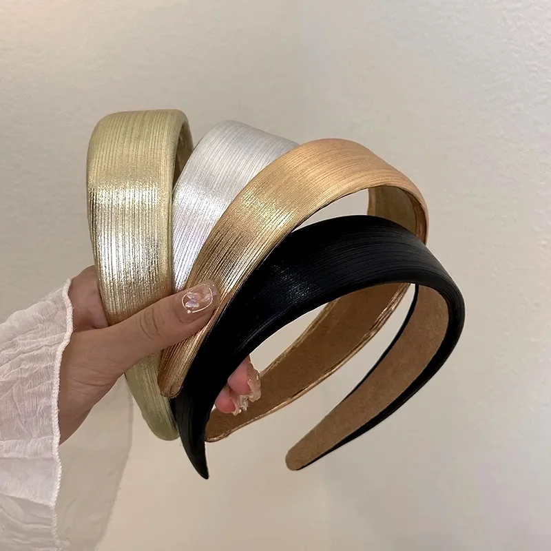 Diademas anchas de cuero estilo coreano, diademas de PU brillantes en oro y plata, aros para el cabello lisos de moda, pinzas para el cabello para mujer, accesorios retro para el cabello.