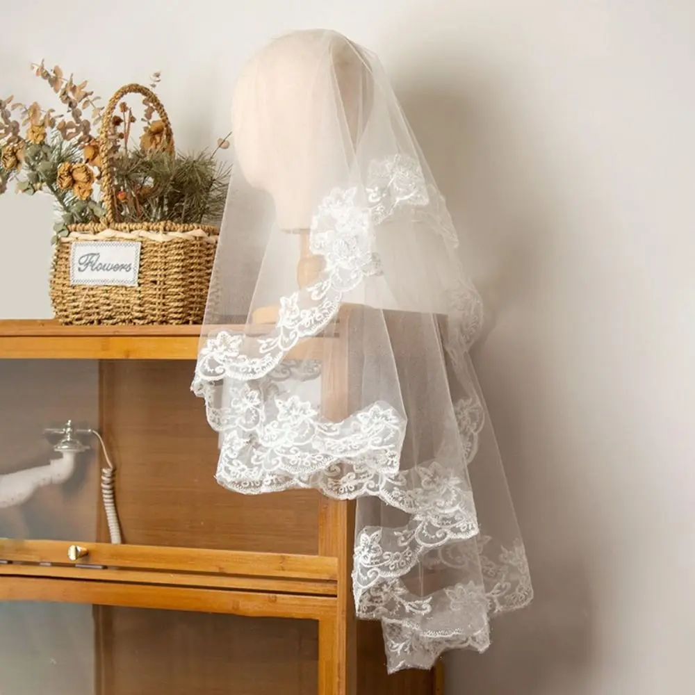 

Элегантная кружевная фата с цветами, длинная, из мягкого тюля, однослойная, белая, для невесты, аксессуар для головы, свадебная фата