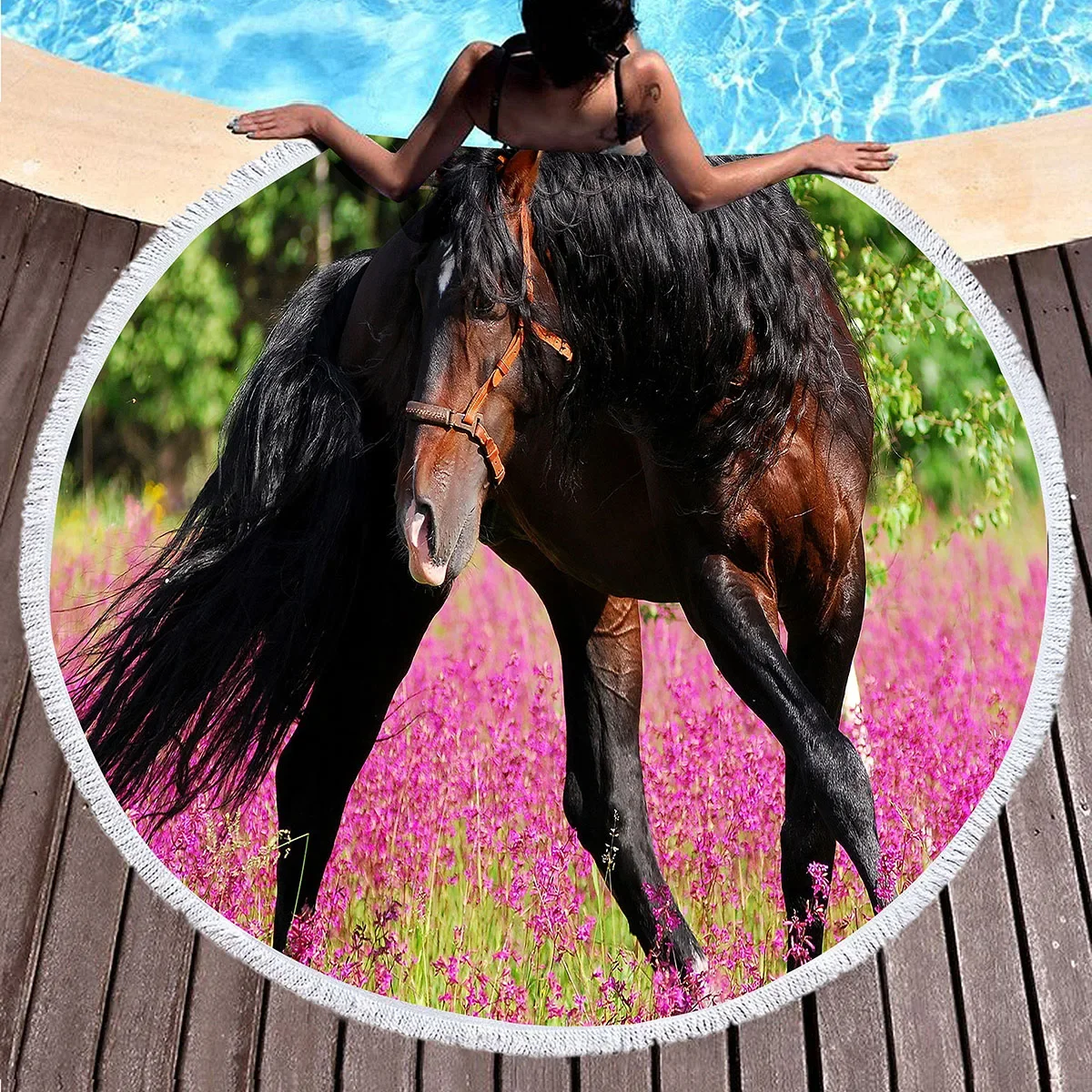 مزرعة الحيوان الحصان منشفة الشاطئ المستديرة، تشغيل الحصان بطانية شاطئ شال لينة ستوكات ماصة سريعة الجافة منشفة حمام السباحة نزهة الحصير #3