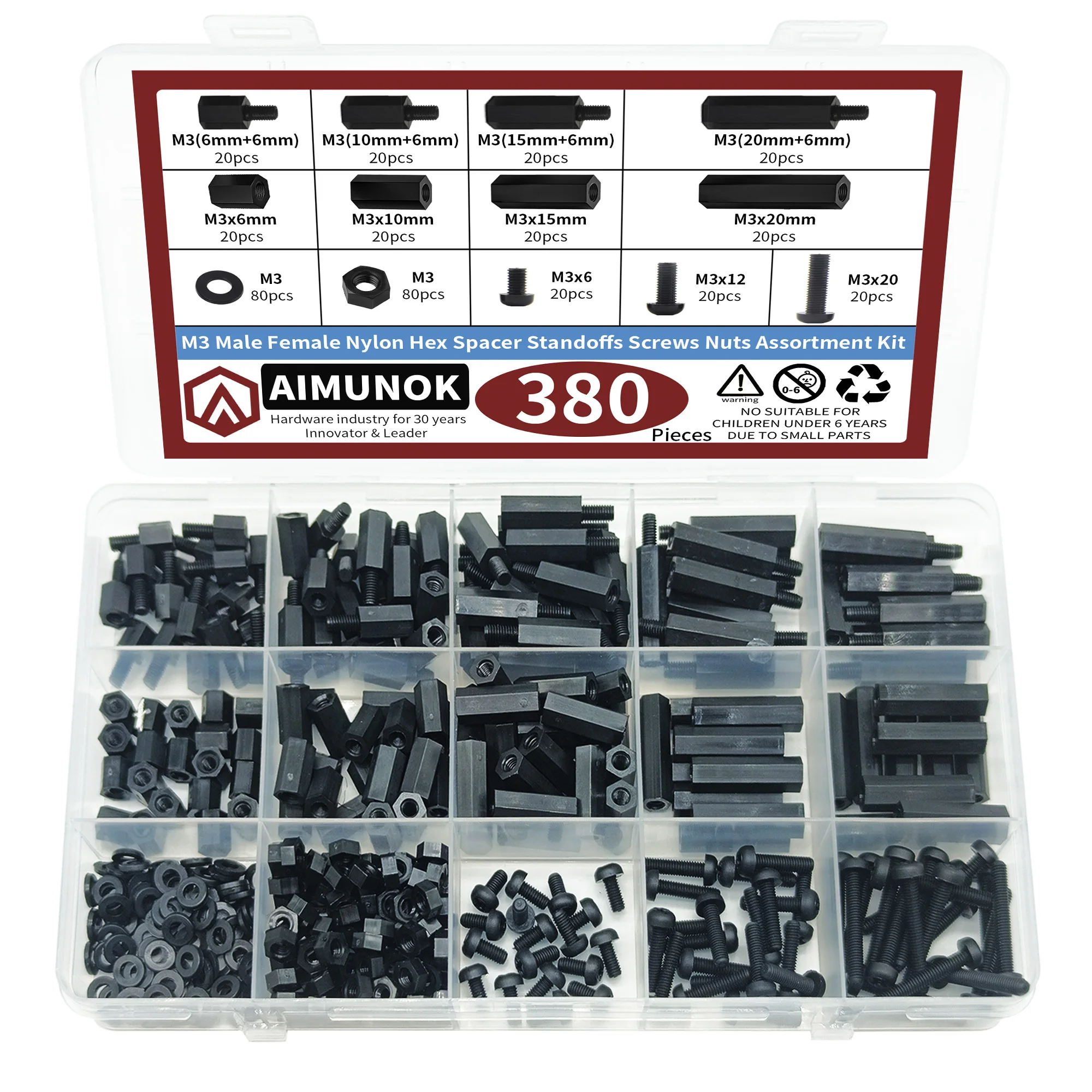 

380pcs M3 Male Female Nylon Hex Spacer Standoffs Screws Nuts Assortment kit Fasteners Tool Repair Accessories Threaded Stud Bolt