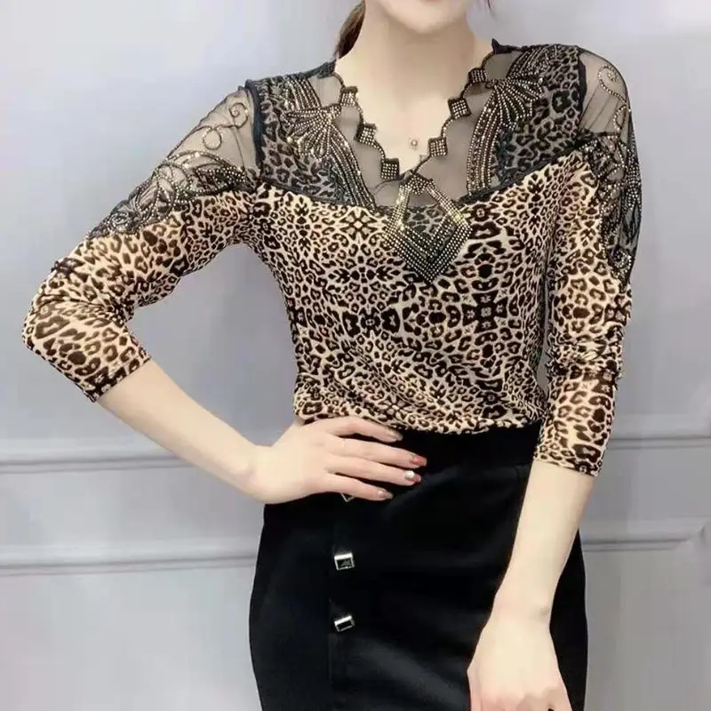 

Middle-aged New Leopard Mesh Bottoming Shirt Women's Spring and Summer Fashion Mother Long Sleeve T-shirt 4XL Top