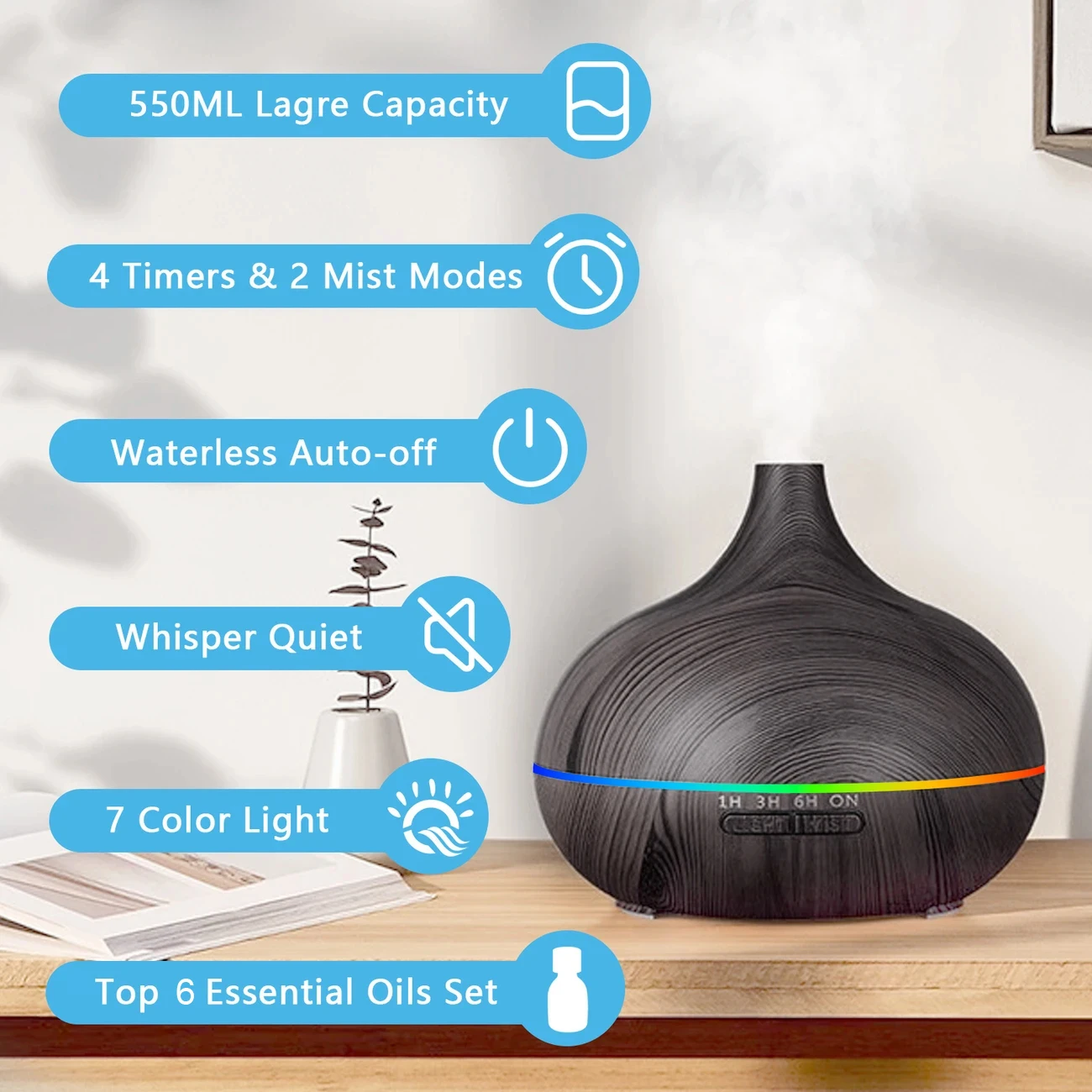 Diffuser for , 550ML Large Capacity Diffuser, Essential Oil Diffuser with 6 Bottles of Essential Oils,  Diffuser with Remote Con