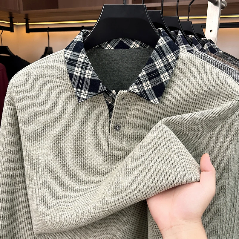 Personality plaid printed lapel knitted sweater men's luxury autumn new style high-quality fashion soft comfort casual pullover