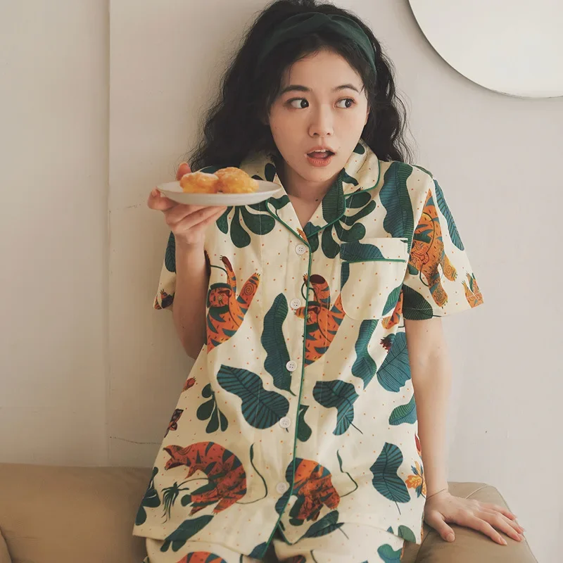 

Женский пижамный костюм, новые летние хлопковые марлевые пижамы, комплект из 2 предметов, свободные шорты с короткими рукавами, одежда для сна, нижнее белье с принтом, домашняя одежда, пижама