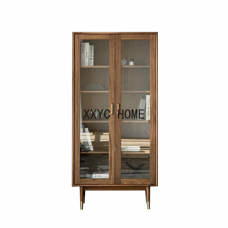 

Скандинавский книжный шкаф из цельного дерева, стеклянный дисплей, комбинированный кабинет, гостиная, современный минималистичный черный орех