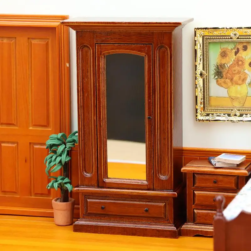 1 peça 1:12 armário de cena em miniatura casa de bonecas mini guarda-roupa de madeira maciça com espelho móveis de quarto acessórios diy