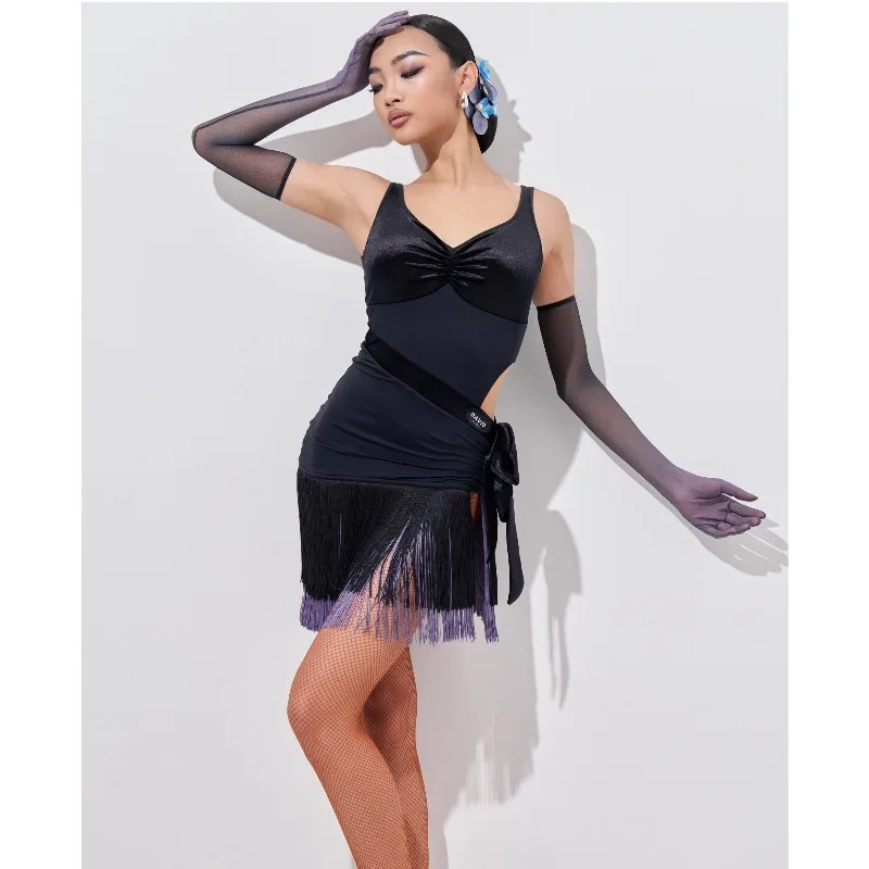 Customized DAVID Women's Latin Dance Dress with Velvet Splicing Exposed Hip Contrast Color Dense Tassel Skirt and Top 2Pcs DW244