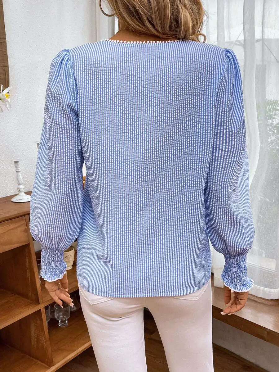 Ladies Salt Blue Stripe Lace Shirt Wave Ruffle Slim Fit Top Holiday Style Breathable Beautiful Ladies Shirt