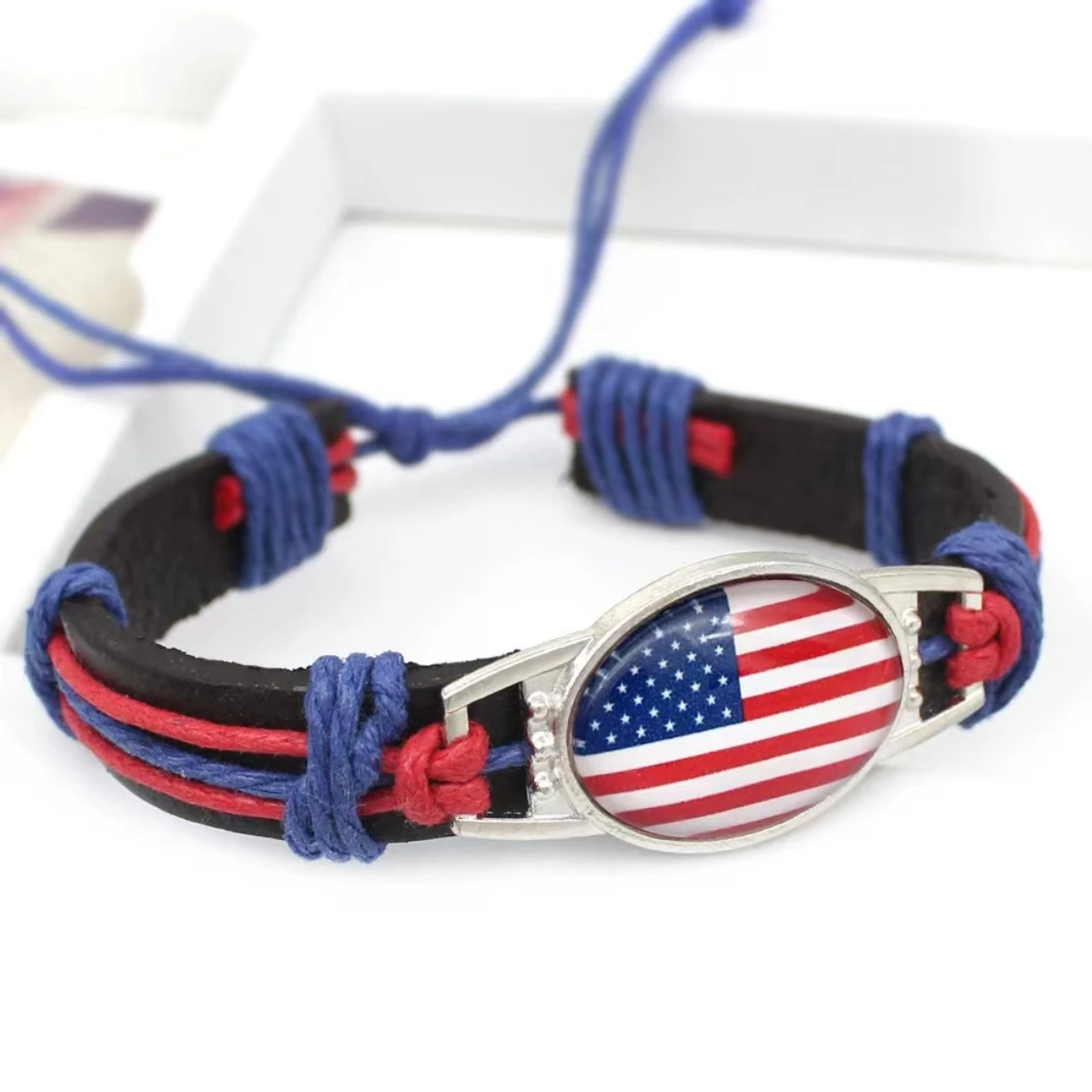 North American Tourism Commemorative American Mexican Flag Wax Rope Genuine Leather Weaving Bracelet view 3