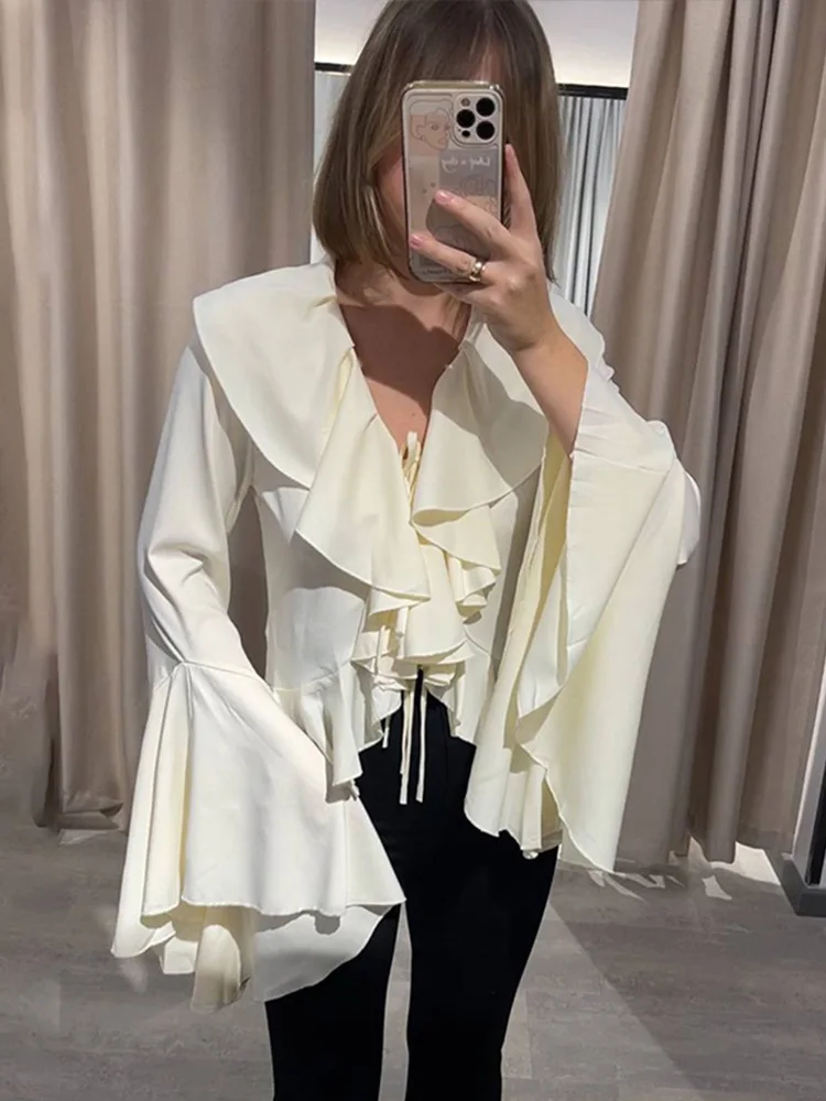 2025 Spring New Flare Sleeves Shirt Women Long Sleeve Irregular Ruffle V-neck Chiffon Top Solid Lace-up Blouse Y2k Clothing