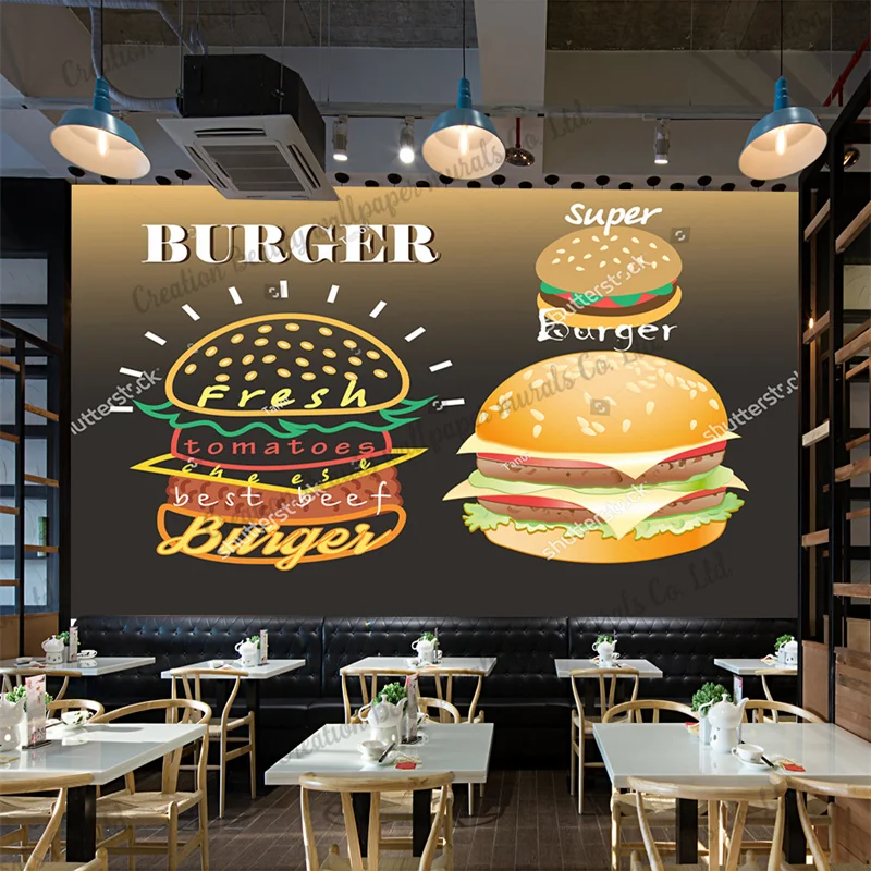 

Blackboard Hand-painted Hamburger Fast Food Wallpaper Industrial Decor Mural Restaurant Snack Bar Background Wall Contact Paper