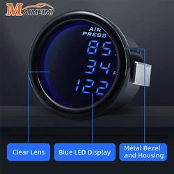 52mm Car Air Pressure Gauge Blue LED Boost Gauges Digital Display Air Ride Suspension with 1/8NPT Sensors for 12V 24V Auto Car