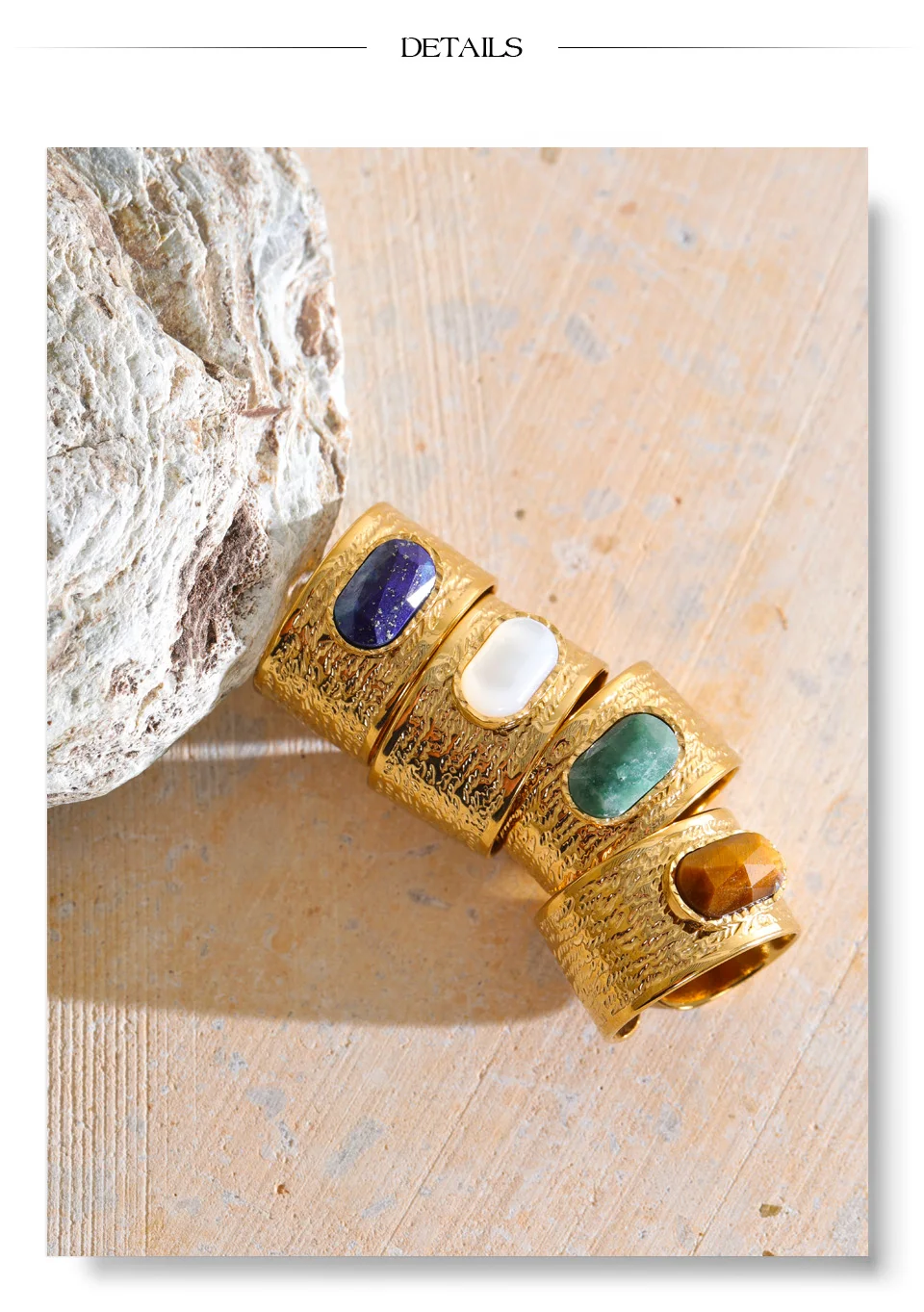 Yhpup Größe 7 Edelstahl Metall Hammer Breiter Ring Muschel Türkis Tigerauge Rechteckiger Goldener Fingerschmuck – Detail 6