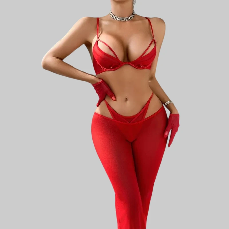 Tornova Sexy Underwear Women 2025 New Casual Mesh Trousers Body Shaping Thin Sexy Lingerie Split Set Gloves Sexy Lingerie Suit