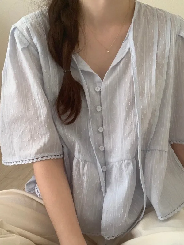 Blue Short Sleeve Women's Shirt Chic Summer 2025 Loose Design Sensation Lace Trimmed White Blouse Korean Style Bubble Sleeve