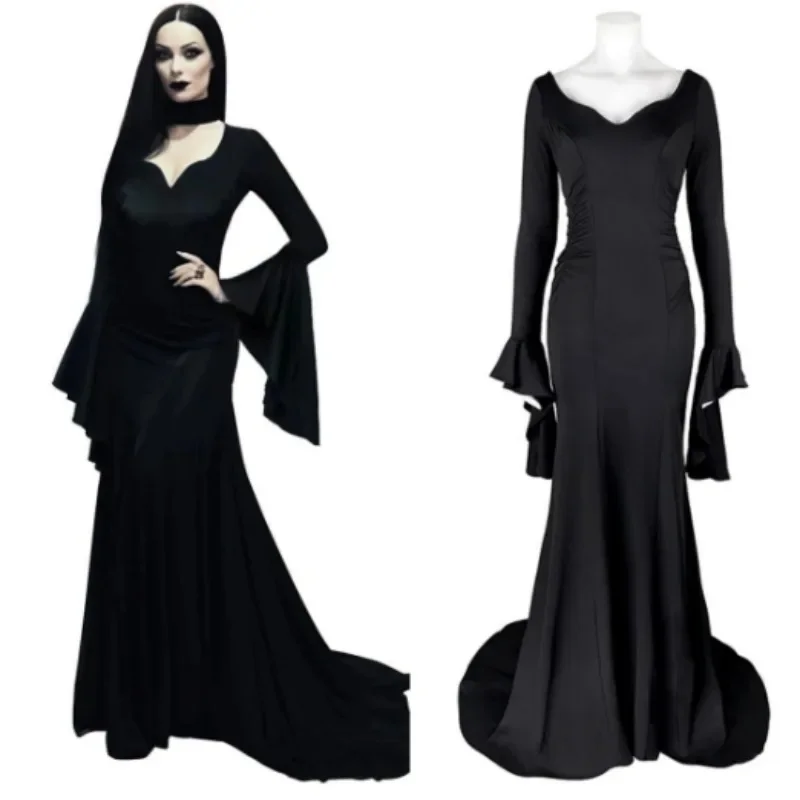 Halloween Vintage Morticia Adams Ling Long Dress 2024 Luxury V-neck Black Adams Family Dress Cosplay Costume Gothic Long Dress