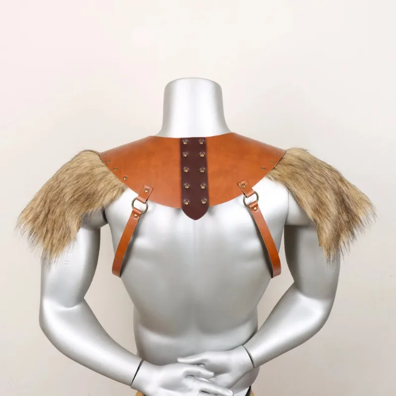 Męski Średniowieczny Płaszcz Królewski Wojownika Peleryna Szal Renesansowy Skóra PU Sztuczne Futro Szycie Zbroja Wojownika Akcesoria do Kostiumu na Halloween