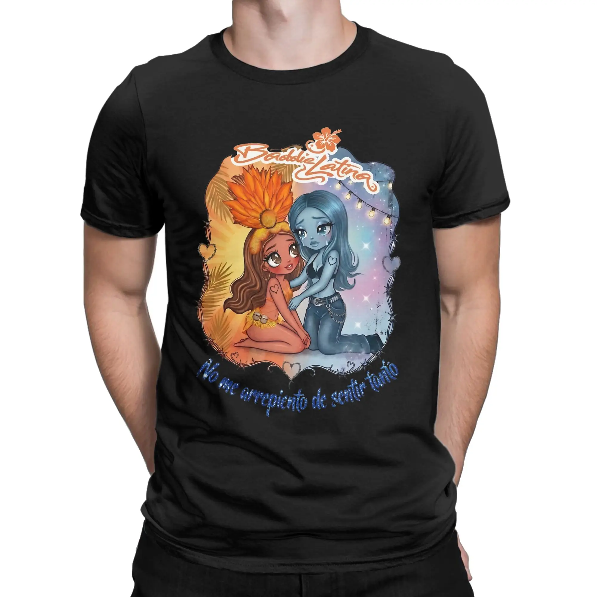 Karol G Two Chibi Girls Blue Skin Crying Girl Barbed Wire Heart Frame T Shirt Man 100% Cotton T Shirts Summer O Neck Tees Tops