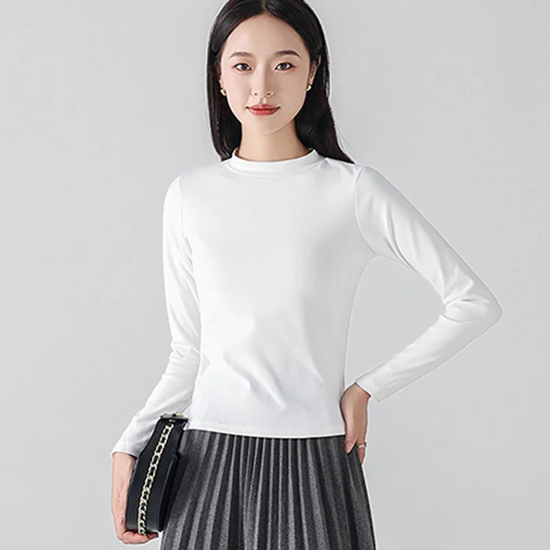 Autumn Winter Fleece Lined Pullovers for Women Crew Neck Long Sleeve Bottoming Shirt Woman Basic Solid Color Pullover Female