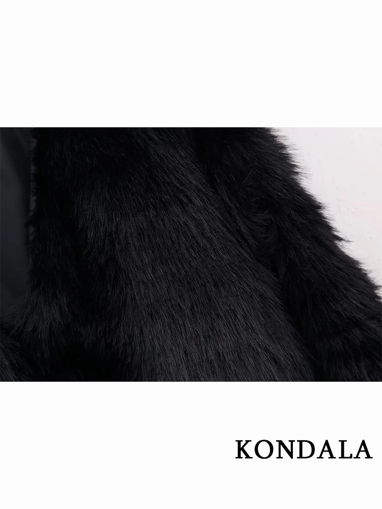 KONDALA Vintage Black Faux Fur Leather Night Party Cardigan Fashion 2023 Autumn Chic Luxury Jackets V Neck Elegant Women Outwear